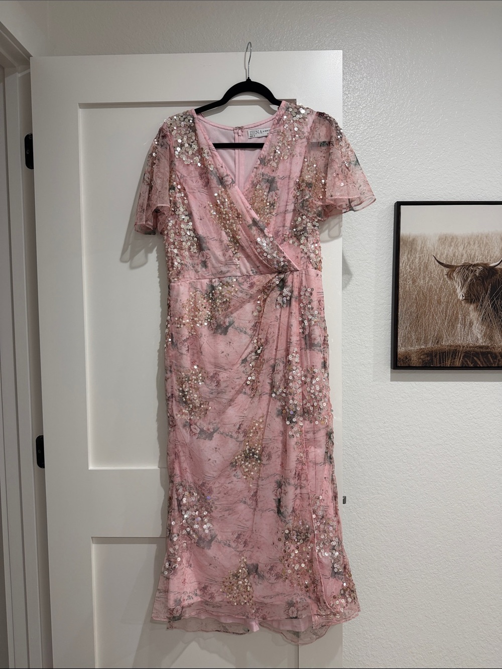 Sequin-Embellished Pink Midi Wrap Dress